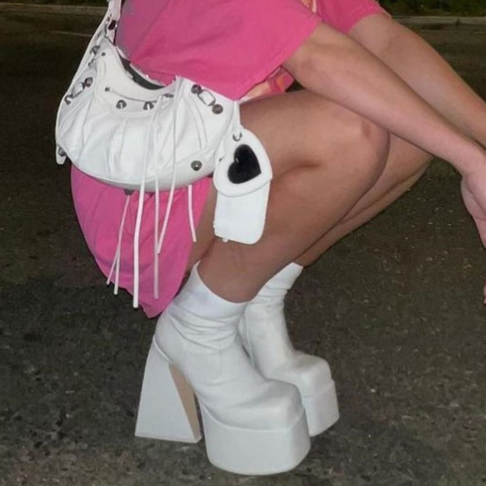 White Faux Leather Sculptural Chunky Platform Heel Ankle Boots